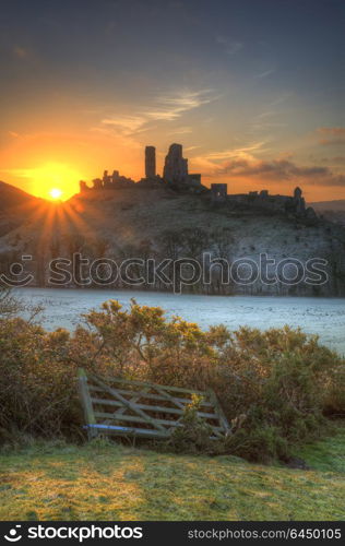 England, Dorset, Corfe Castle. Winter sunrise over Corfe Castle.. Stunning Winter sunrise landscape over frosty Medieval castle on hill in countryside