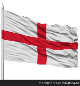 England Flag on Flagpole , Flying in the Wind, Isolated on White Background