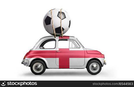England football car. England flag on car delivering soccer or football ball isolated on white background