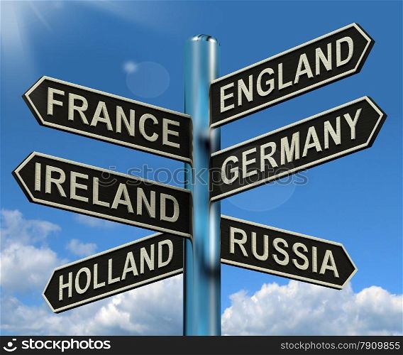 England France Germany Ireland Signpost Showing Europe Travel Tourism And Destinations. England France Germany Ireland Signpost Shows Europe Travel Tourism And Destinations