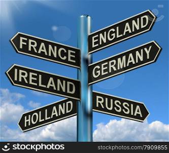 England France Germany Ireland Signpost Showing Europe Travel Tourism And Destinations. England France Germany Ireland Signpost Shows Europe Travel Tourism And Destinations