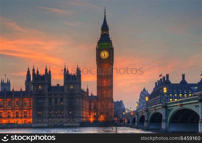 England, London, Westminster. Big Ben and Houses of Parliament during a Winter sunset.. Big Ben and Westminster Bridge landscape during a Winter sunset