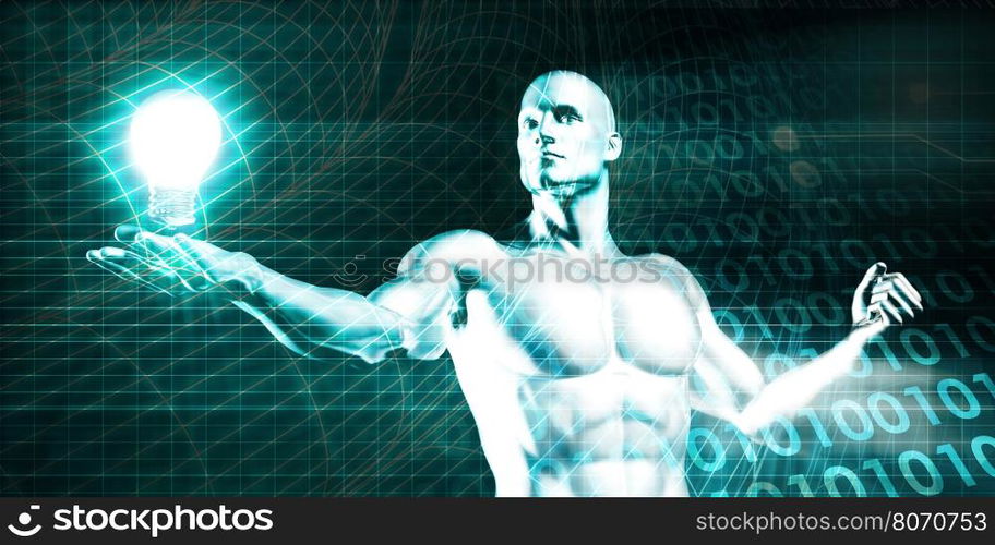 Englightened Man Holding a Light Bulb on Tech Background. Englightened Man