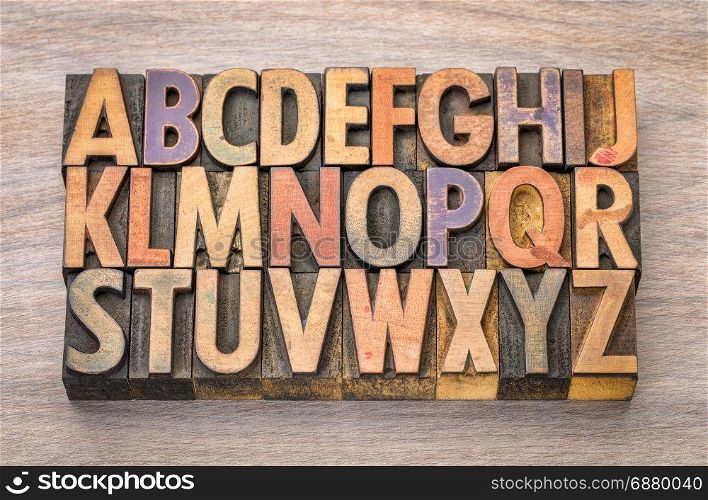 English alphabet abstract in vintage letterpress wood type printing blocks against grained wood