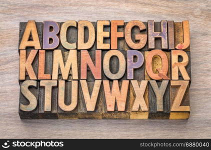 English alphabet abstract in vintage letterpress wood type printing blocks against grained wood