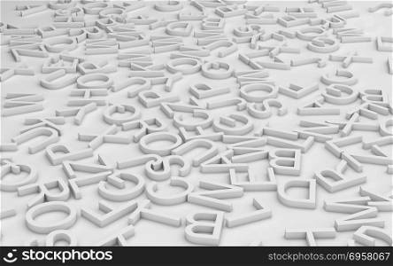 English alphabet in white capital letters laying on white floor,. English alphabet in white capital letters laying on white floor, 3d text render. English alphabet in white capital letters laying on white floor, 3d text render