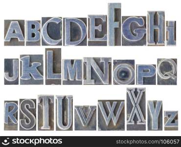 English alphabet set - a collage of 26 isolated letters in letterpress metal type printing blocks, a variety of mixed fonts with a digital painting effect