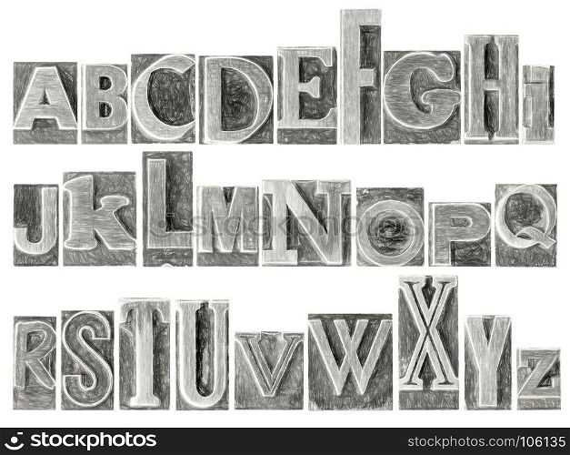 English alphabet set - a collage of 26 isolated letters in letterpress metal type printing blocks, a variety of mixed fonts with a digital charcoal painting effect