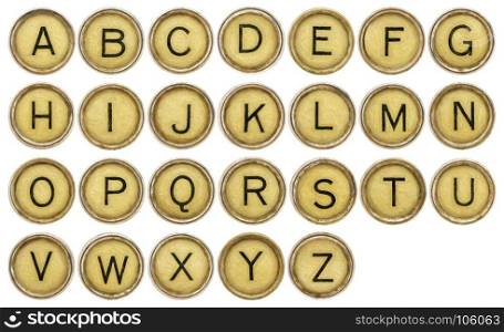 English alphabet set in old round typewriter keys isolated on white with digital painting filter applied