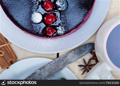 english black tea and berries dessert close up