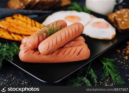 English breakfast. Sausages with eggs
