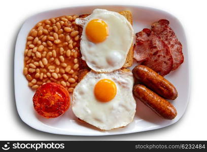 English breakfast with two eggs sausage beans bacon and grilled tomato