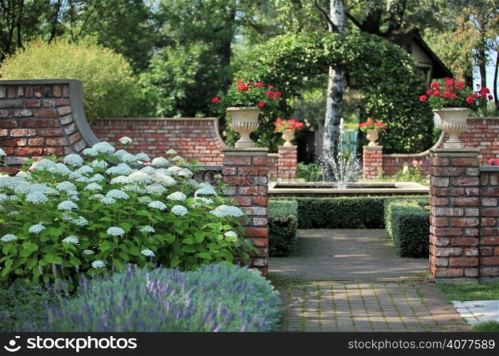 English garden with a fountain