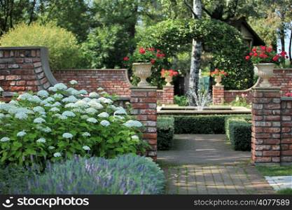 English garden with a fountain