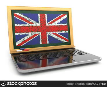 English online. E-learning. Laptop and blackboard with UK flag. 3d