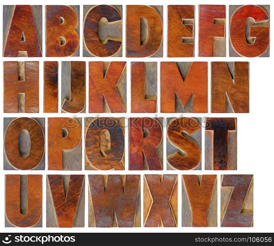 English uppercase alphabet set - a collage of 26 isolated antique wood letterpress printing blocks with a digital painting effect