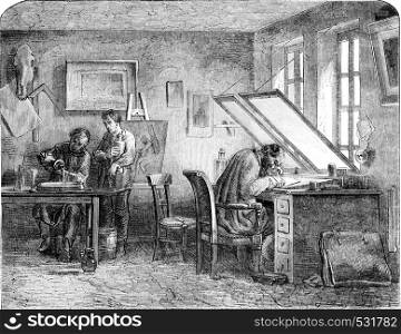 Engravers shop, vintage engraved illustration. Magasin Pittoresque 1852.