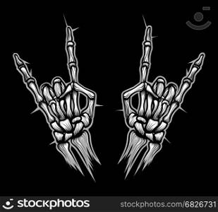 Engraving rock horn sign skeleton hands. Engraving rock horn sign vector illustration. Devil skeleton heavy metal bones hands horns icon design