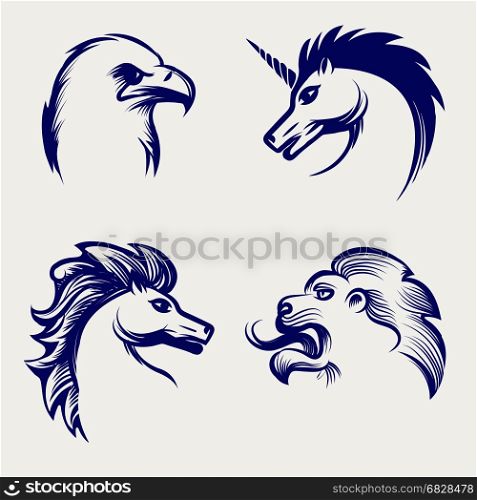 Engraving style animal heads design. Engraving style animal design. Vector heads of horse, eagle, lion and unicorn