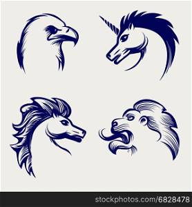 Engraving style animal heads design. Engraving style animal design. Vector heads of horse, eagle, lion and unicorn
