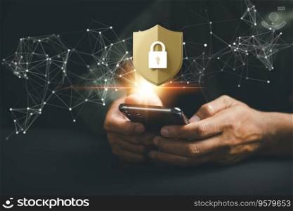 Enhance mobile security with a cybersecurity concept. Business professionals protect personal information on smartphones using encryption and key icons on virtual interface shields.