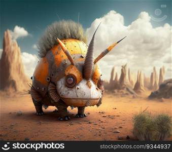 Enigmatic Futuristic Creature, Robotic Triceratops in Desert