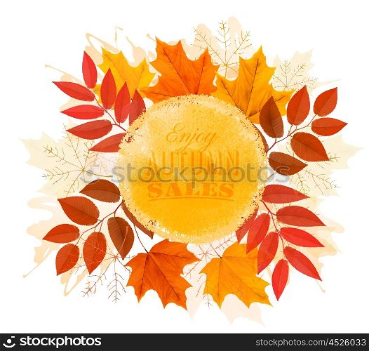 Enjoy Autumn Sales banner with autumn leaves. Vector.