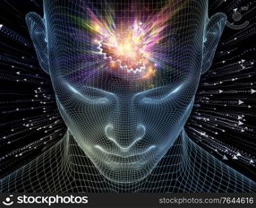 Enlightened Thought. Lucid Mind series. Abstract design made of 3D rendering of glowing wire mesh human face relevant for artificial intelligence, human consciousness and spiritual AI