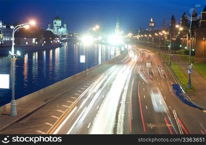 Ensemble of Moscow Kremlin. View on Kremlin wall and towers from Bolshoi Moskvoretsky bridge. Russia