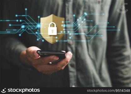 Ensure mobile privacy and security with a cybersecurity concept. Business professionals employ encryption and key icons on virtual interface shields to protect personal information on smartphones.