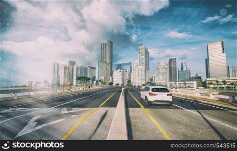 Entering Miami on the road with a beautiful city skyline, Florida, USA.