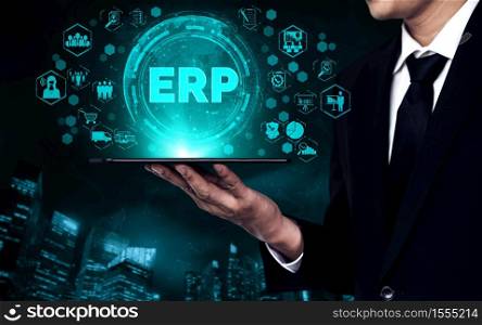 Enterprise Resource Management ERP software system for business resources plan presented in modern graphic interface showing future technology to manage company enterprise resource.