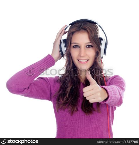 Entertaining girl with headphones listening to music isolated on a white background