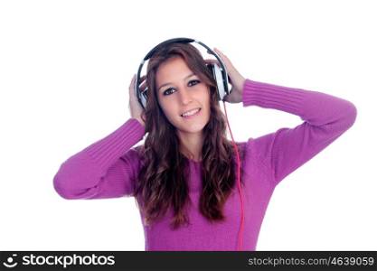 Entertaining girl with headphones listening to music isolated on a white background