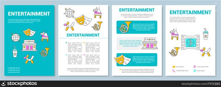 Entertainment industry template layout. Cinema, music and events. Flyer, booklet, leaflet print design with linear illustrations. Vector page layouts for magazines, annual reports, advertising posters