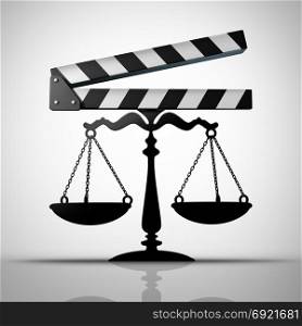 Entertainment law and media justice or TV and movie contract negotiation as a film industry slateboard or film slate shaped as a justice scale as a 3D render.
