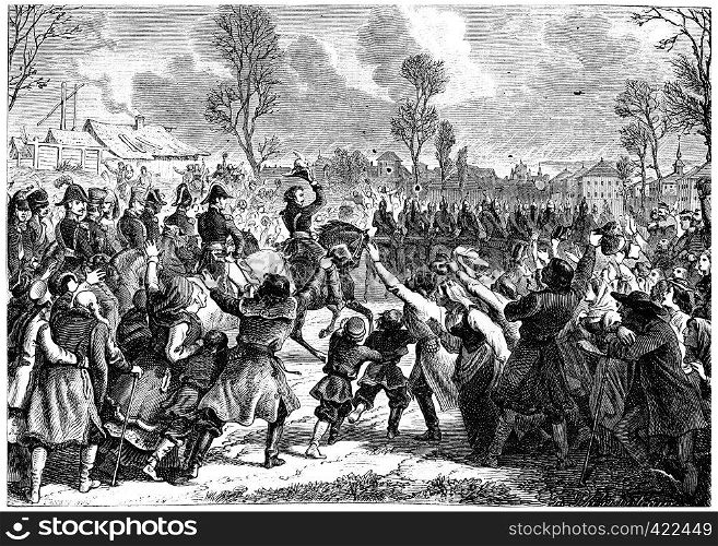 Enthusiasm of people to the arrival of French troops in Poland, vintage engraved illustration. History of France ? 1885.