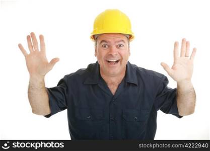 Enthusiastic constrictuon worker throwing up his hands in excitement. Isolated on white.