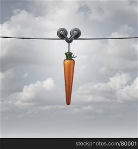 Enticement and motivation concept as a carrot pulled on a wire as a metaphor for marketing reward to attract and encourage a followed with a 3D render.