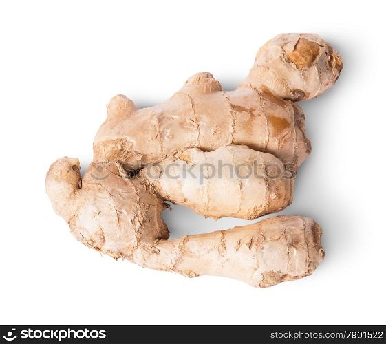 Entire ginger root top view reverse isolated on white background