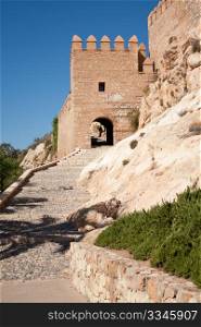 Entrance and exterior walls of the Alcazaba of Almeria, moorish fortress dating from the 10th century.