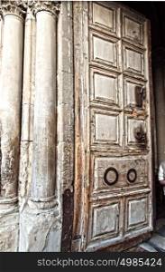 Entrance door in Church of Holy Sepulcher. close up