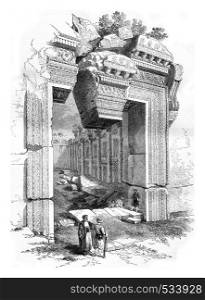 Entrance door to the Temple of Jupiter, in Balbek, Roberts work on Syria, vintage engraved illustration. Magasin Pittoresque 1855.