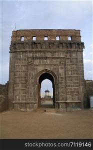 Entrance gate at Raigad fort and Thorne of King Shivaji is seen in background. Maharashtra, India