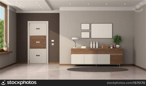 Entrance hallway with white door and sideboard with decor objects - 3d rendering. Entrance hallway with white door and sideboard