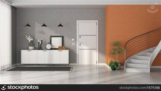 Entrance hallway with white front door door , sideboard and staircase on orange wall - 3d rendering. Entrance hallway with closed door and staircase