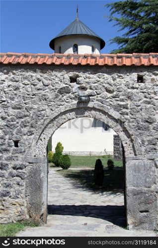Entrance of monastery Moracha, montenegro