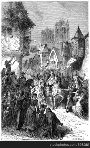 Entrance of St. Louis and Blanche of Castile in Reims, vintage engraved illustration.