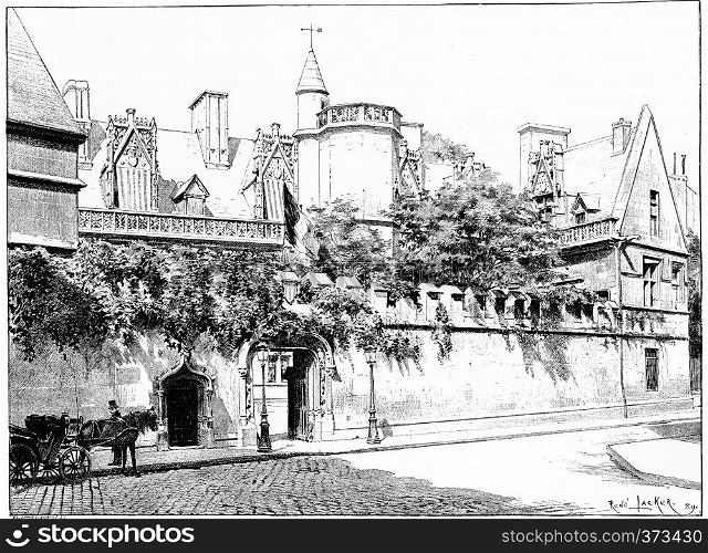Entrance of the Hotel de Cluny, street Sommerard, vintage engraved illustration. Paris - Auguste VITU ? 1890.