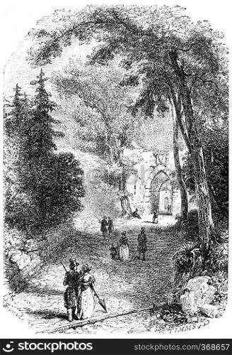 Entrance of the old castle, Baden, vintage engraved illustration. From Chemin des Ecoliers, 1861. 